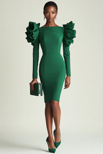 Dark Green Long Sleeves Bodycon Short Work Dress with Ruffles